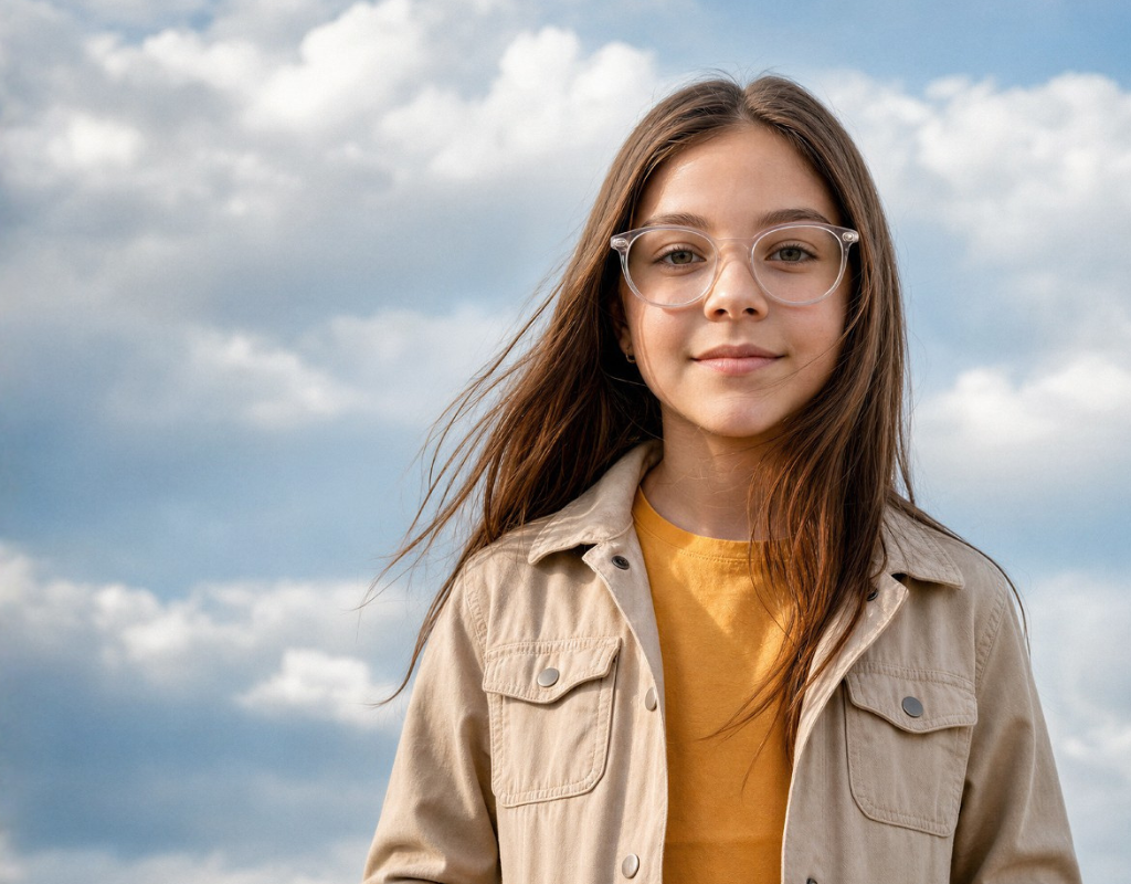 Young girl with clear eyeglasses standing outdoors against a cloudy blue sky, wearing a beige jacket and mustard shirt.