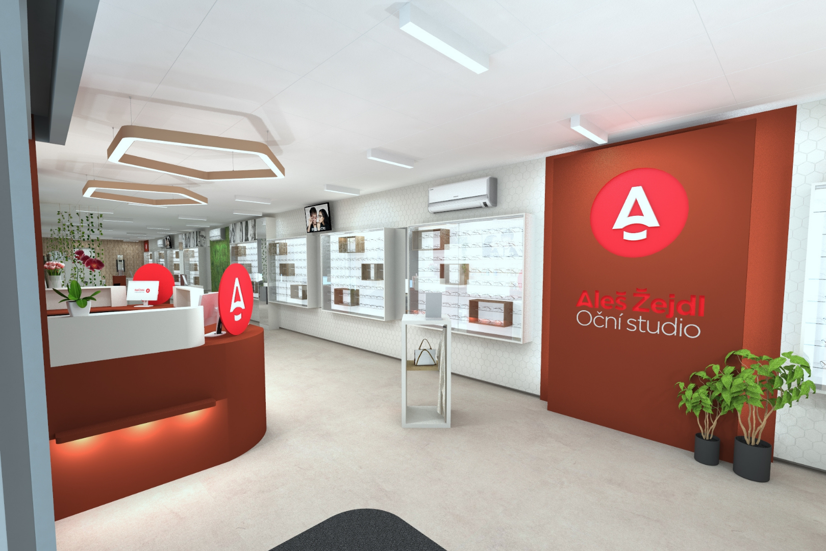 Reception area of an eyewear studio with red circular logo on an orange wall reading Aleš Žejdl Oční studio, white curved desk, and green plants.